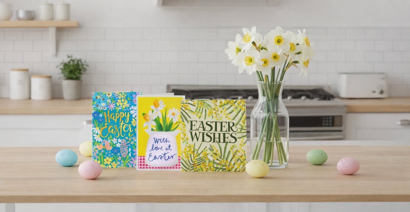 Three Easter greeting cards on a table with a vase of flowers and Easter eggs in a kitchen setting.