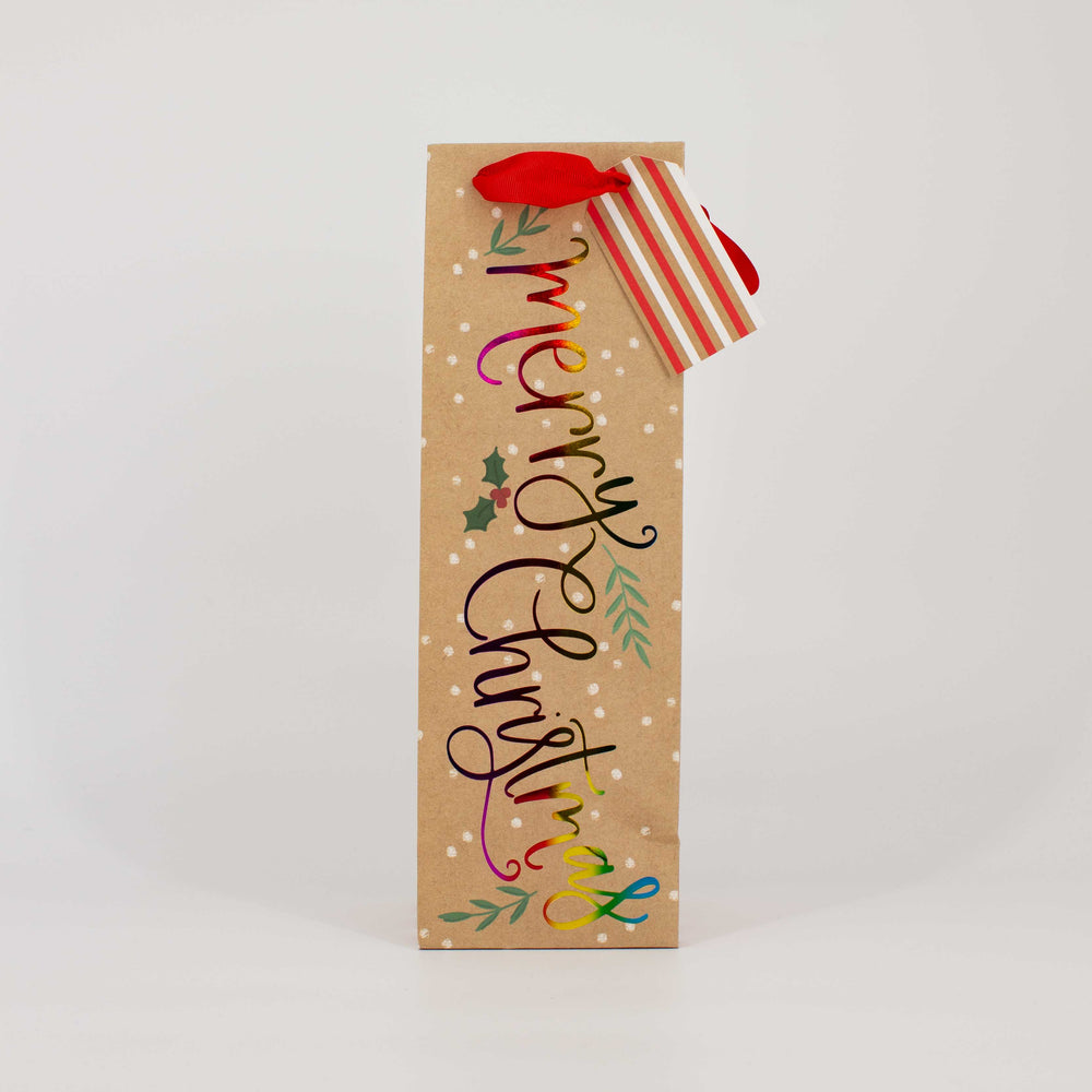 Christmas Bottle Bag Kraft Rainbow Foil Striped Gusset