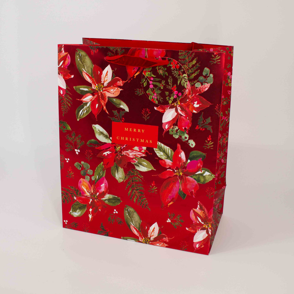 Christmas Gift Bag Red Poinsettia Foil Accent