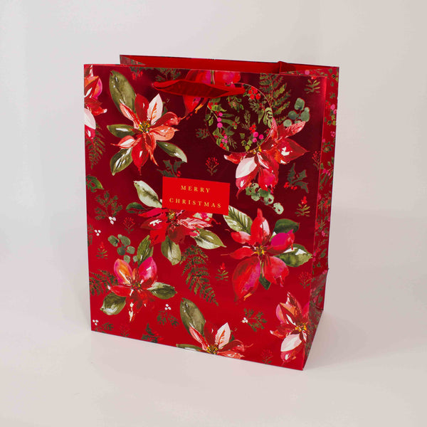 Christmas Gift Bag Medium Red Foil Poinsettia Design