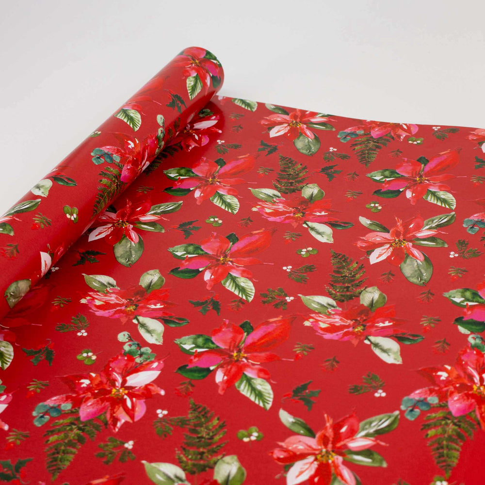 Poinsettia Gift Wrap 4-Metre-Roll Red Floral Design