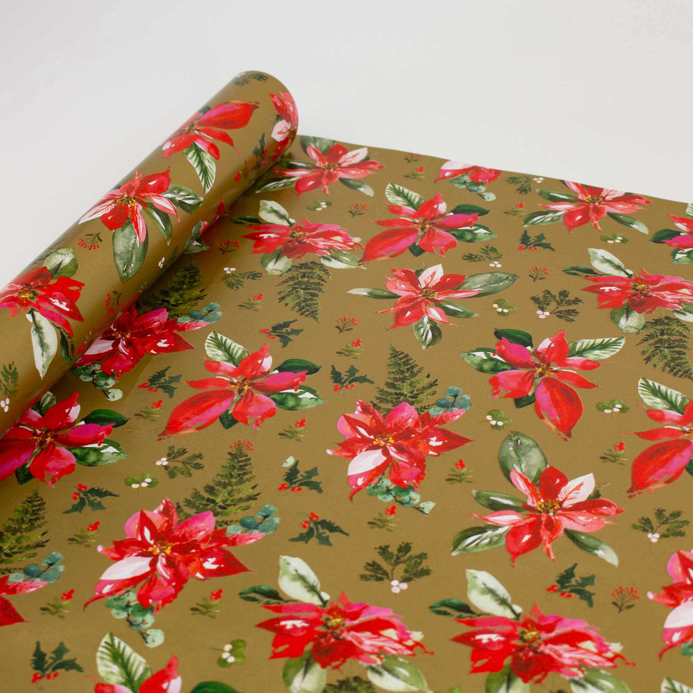 Poinsettia Gift Wrap 4-Metre-Roll Gold Floral Design