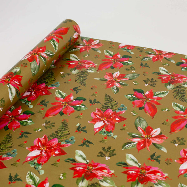 Poinsettia Gift Wrap 4-Metre-Roll Gold Floral Design