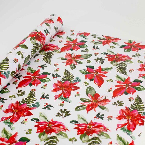 Poinsettia Gift Wrap 4-Metre-Roll White Floral Design