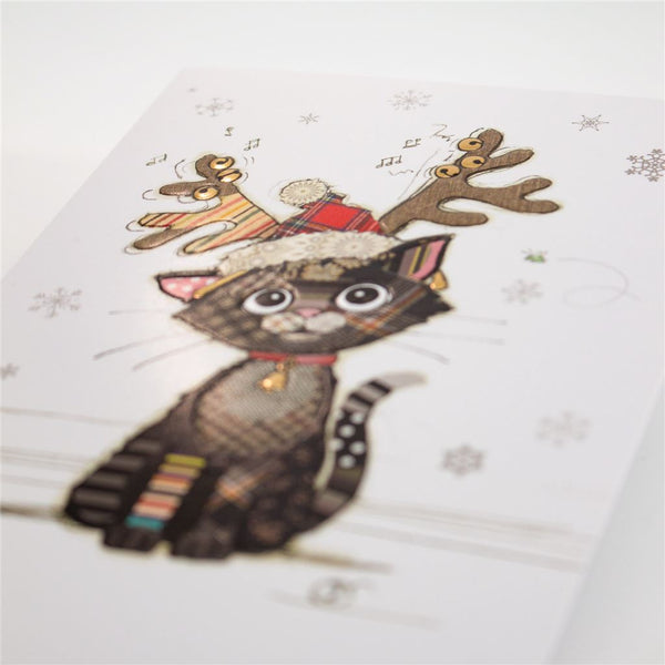 Cute Holiday Card Cat in Antlers Foil Finish