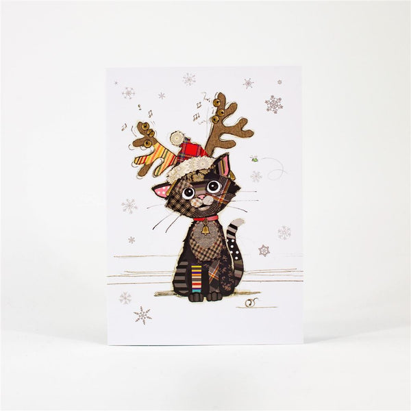 Cute Holiday Card Cat in Antlers Foil Finish