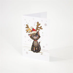 Cute Holiday Card Cat in Antlers Foil Finish